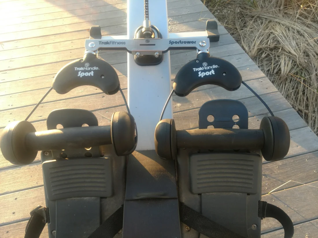 Sportrower rotating handles installed on an indoor rowing machine