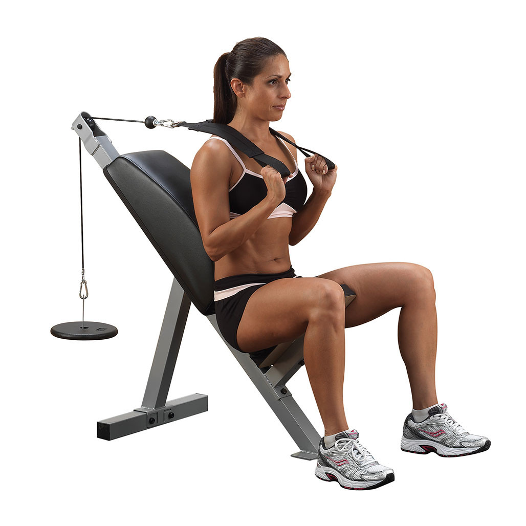 Powerline PAB21X plate-load ab crunch bench angled view black finish