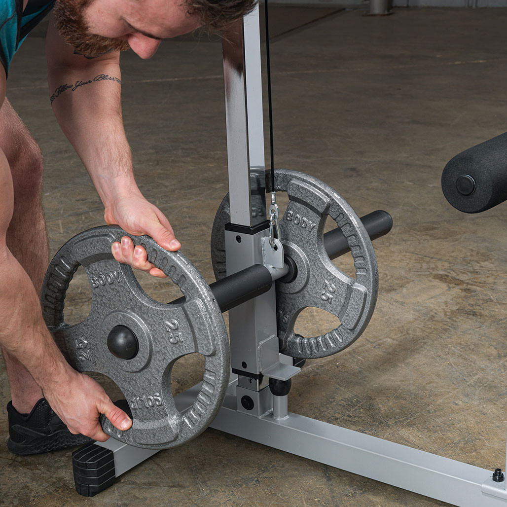 Powerline PLM180X lat machine thigh hold-down and pulley detail black finish