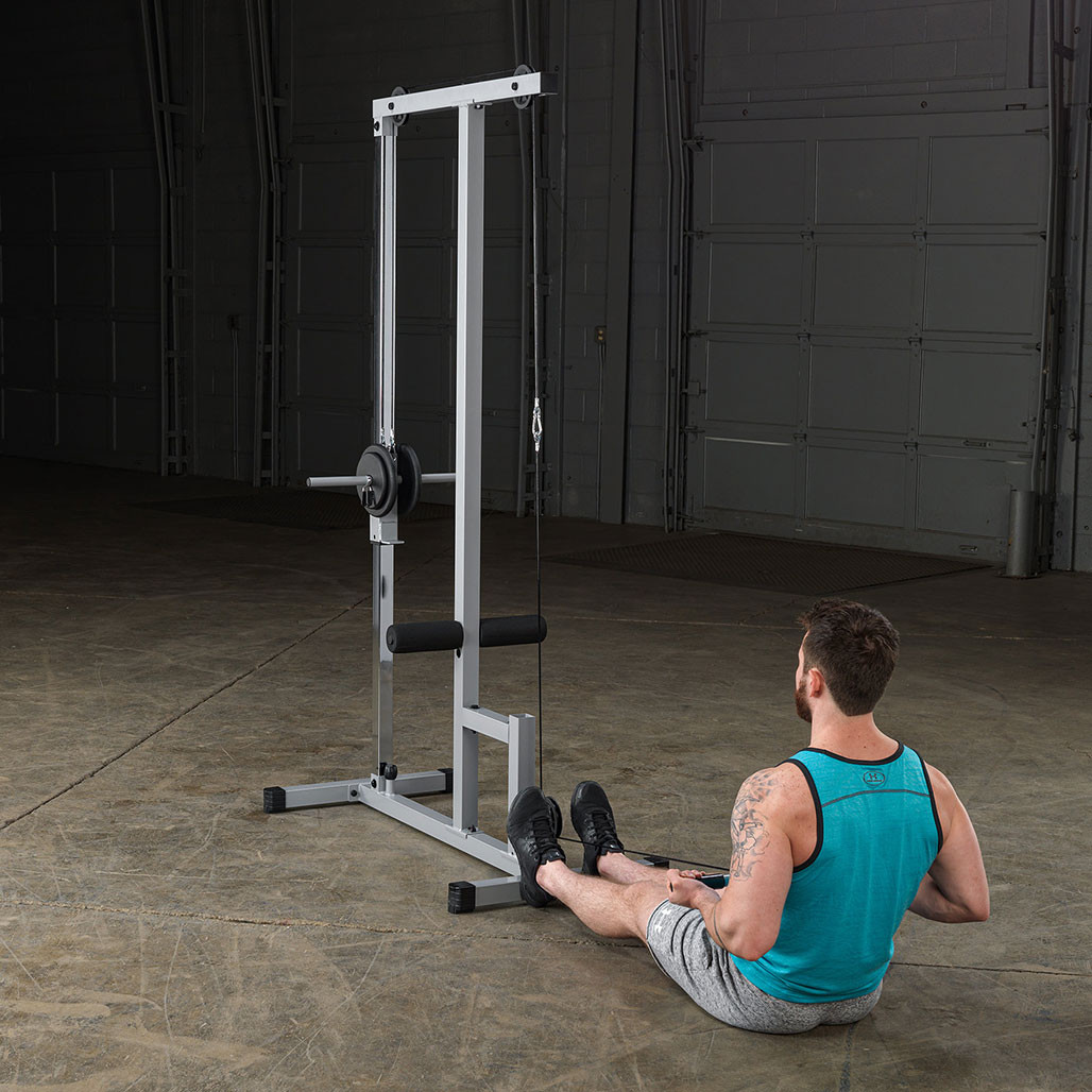Powerline PLM180X lat machine seated low row exercise in use black finish