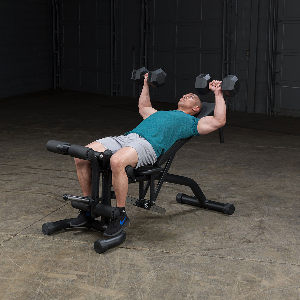 Body-Solid FID46 bench synchronized seat and back pad adjustment detail