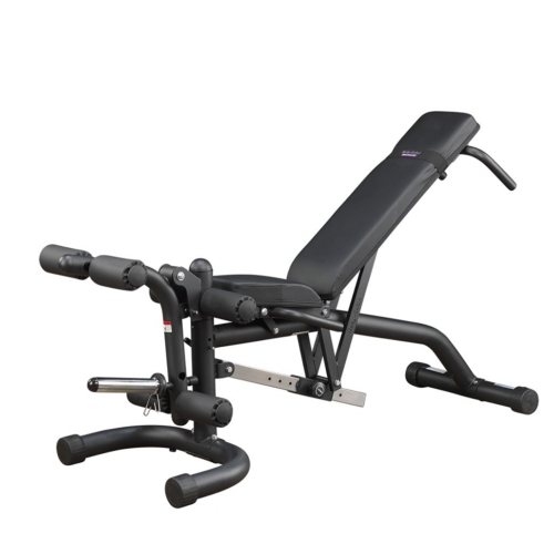 Body-Solid FID46 flat incline decline bench with leg developer, black finish, three-quarter view
