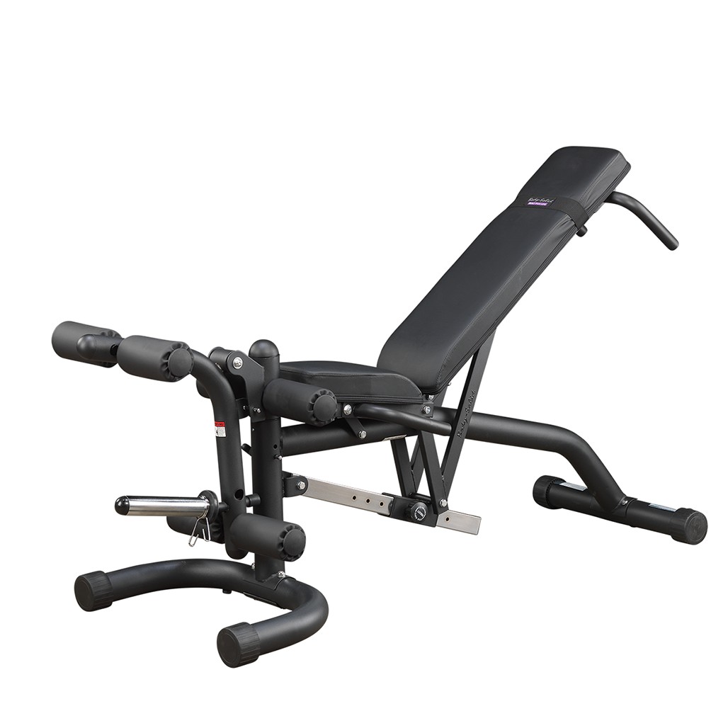 Body-Solid FID46 flat incline decline bench with leg developer, black finish, three-quarter view