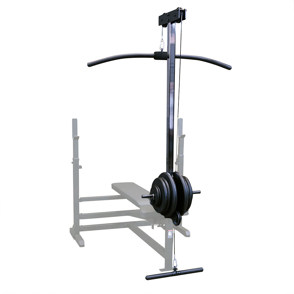 Body-Solid GLRA81 lat pulldown attachment mounted on the GDIB46LB PowerCenter bench