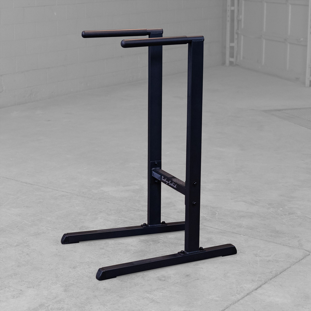 Body-Solid GDIP59B Dip Station in black finish, shown in a three-quarter angle view.
