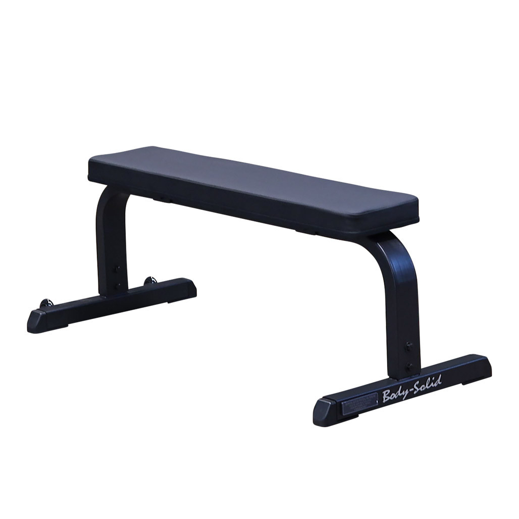 Body-Solid GFB350B commercial flat bench, black finish, three-quarter view