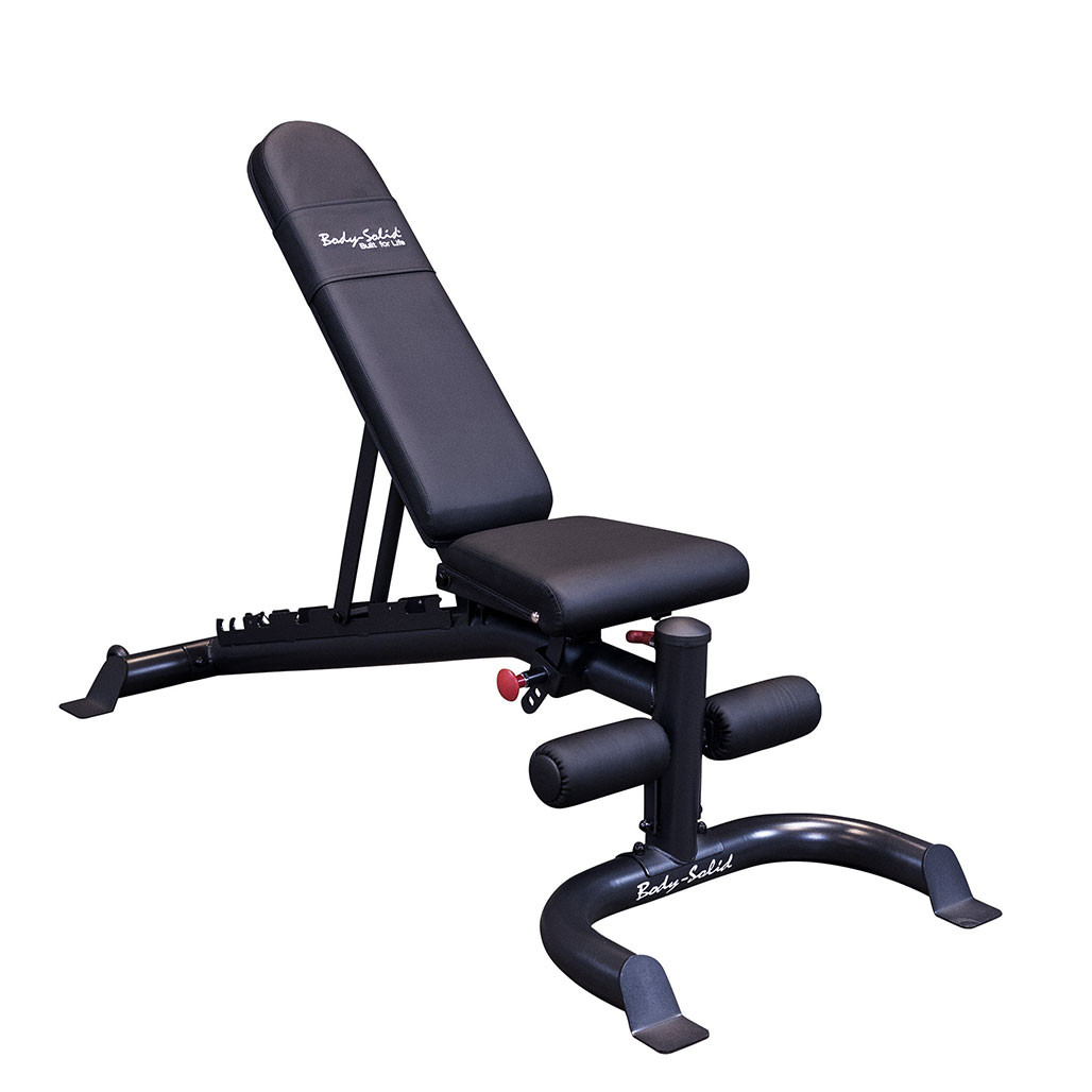 Body-Solid GFID100B adjustable flat incline decline bench, three-quarter view