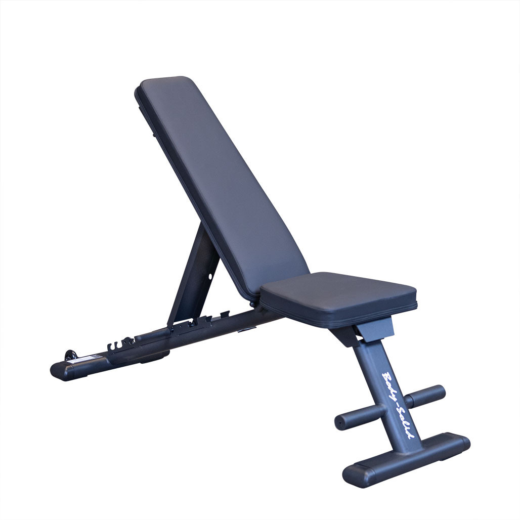 Body-Solid GFID225B commercial folding flat incline decline bench, three-quarter view