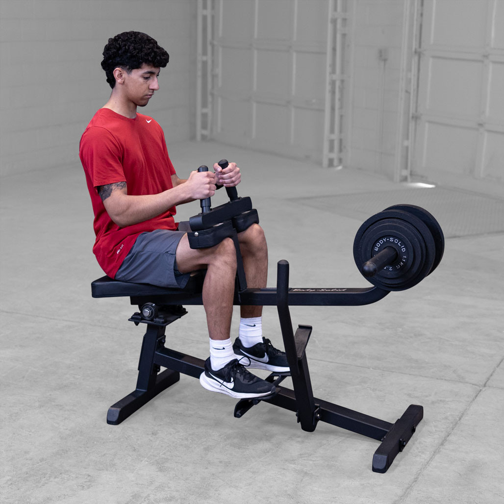 Body-Solid GSCR349B Seated Calf Raise in black finish, shown in a three-quarter angle view.