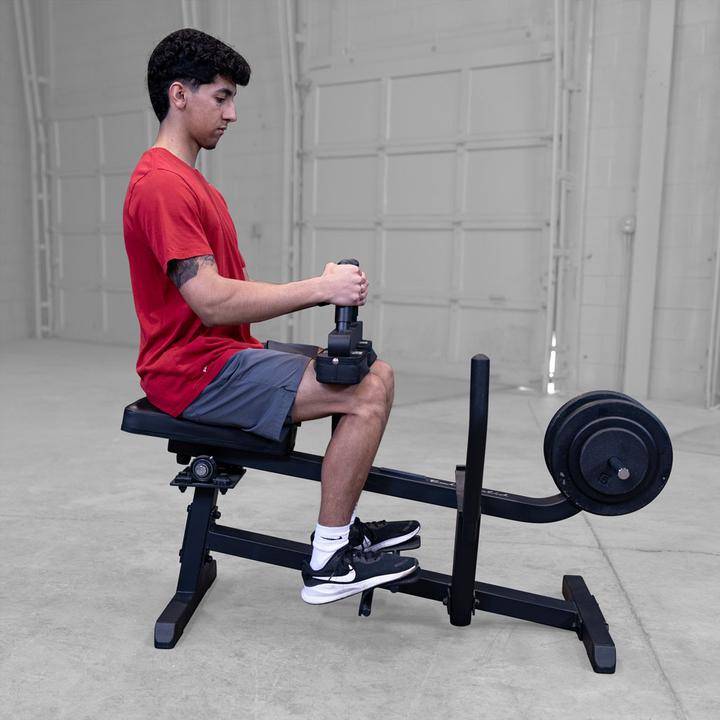 Body-Solid GSCR349B Seated Calf Raise in black finish, close-up of the foot platform.