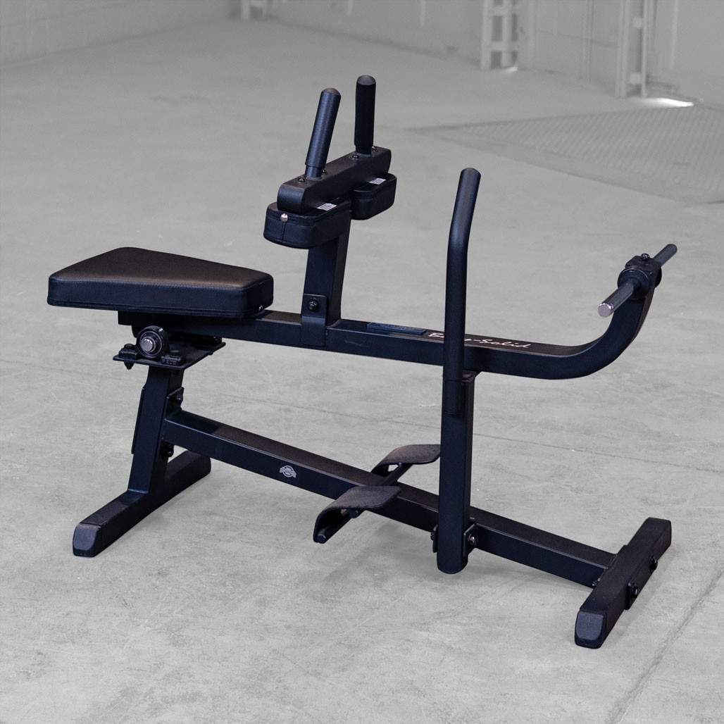Body-Solid GSCR349B Seated Calf Raise in black finish, close-up of the knee pad.