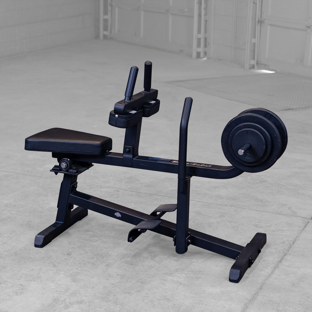 Body-Solid GSCR349B Seated Calf Raise in black finish, shown from the rear.