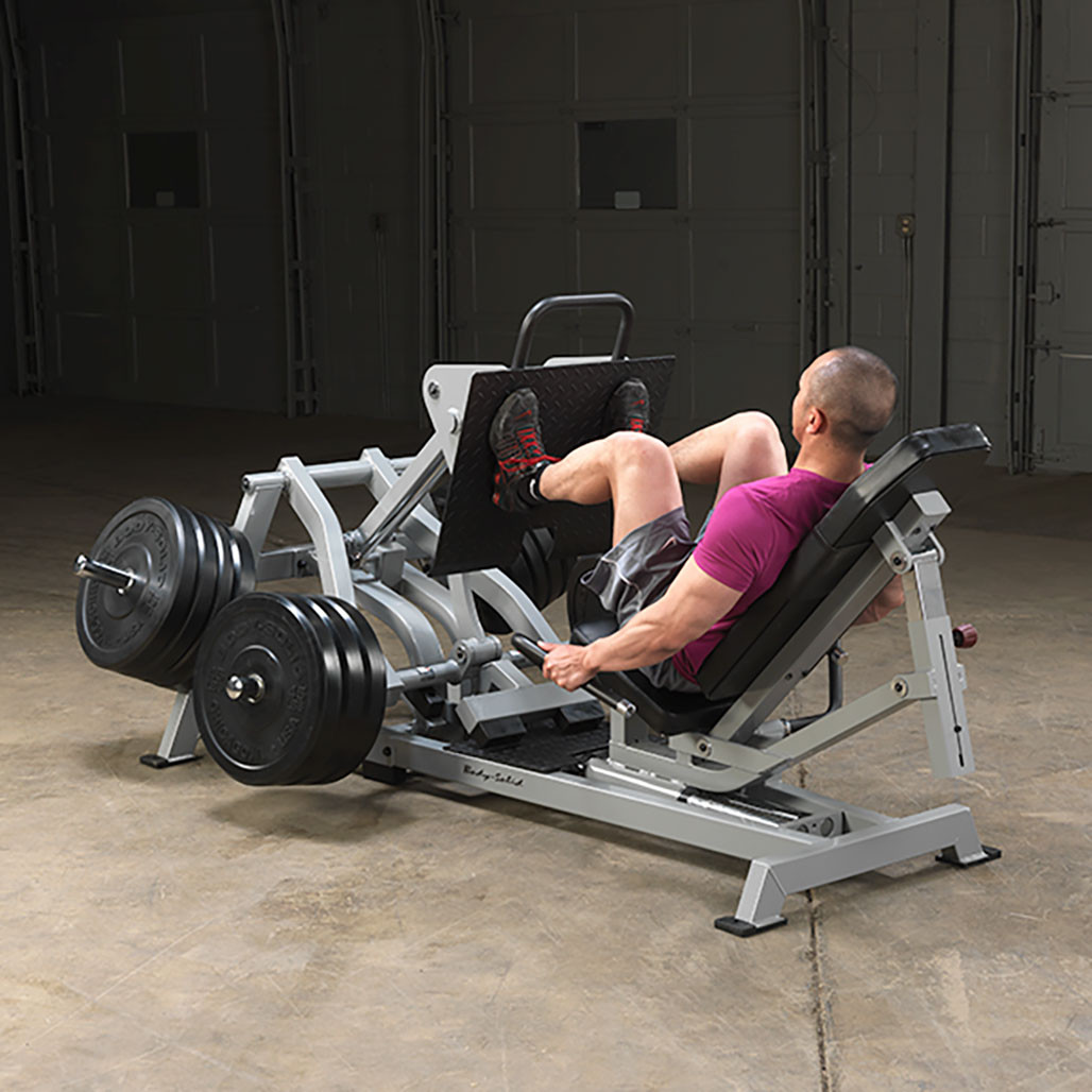 Angled view of the Body-Solid Pro Clubline LVLP leverage leg press