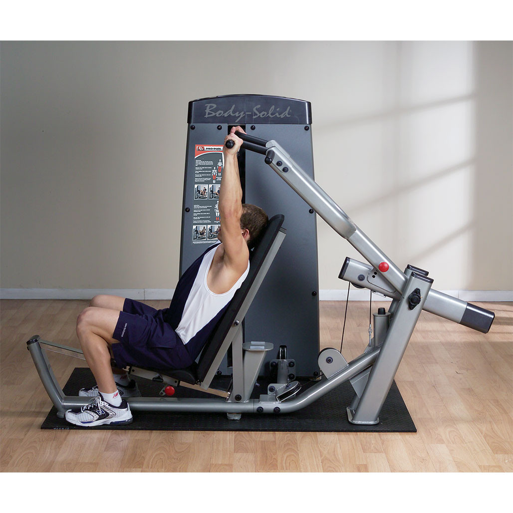 Body-Solid Pro Clubline DPRSSF3 set up for a vertical shoulder press