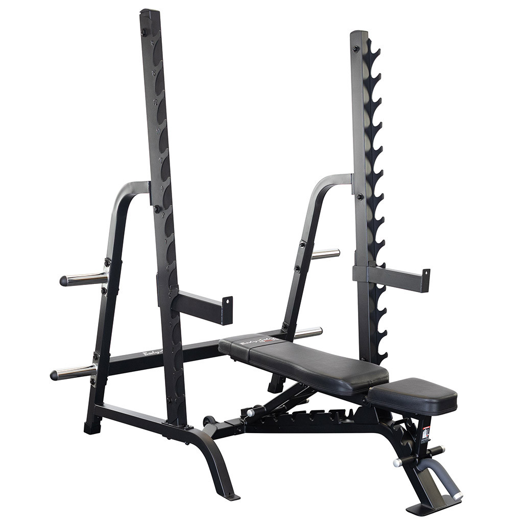 Body-Solid Pro Clubline SDIB370 Olympic press system bench and rack, angled view