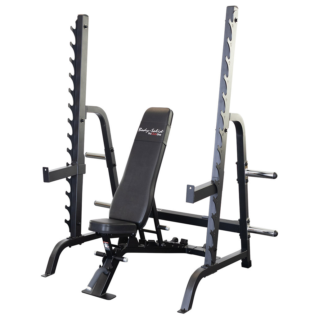 Body-Solid Pro Clubline SDIB370 Olympic bench set to incline with rack