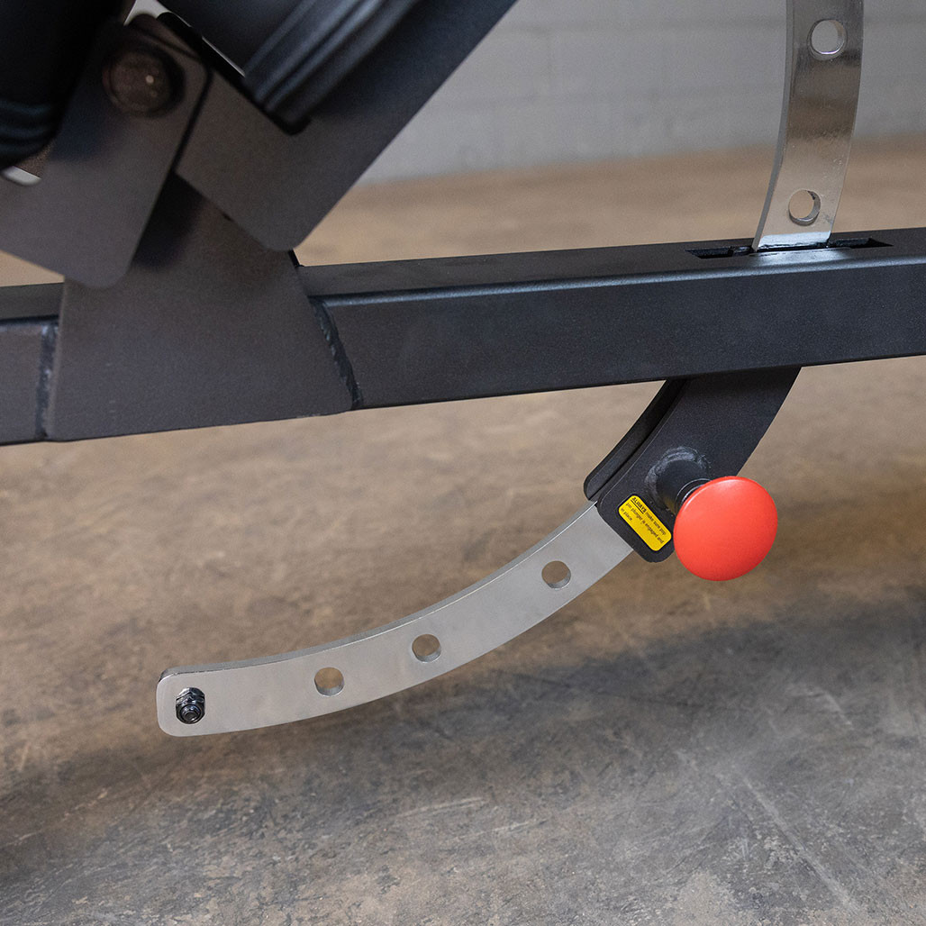 Body-Solid Pro Clubline SFI20 bench set to incline, angled view