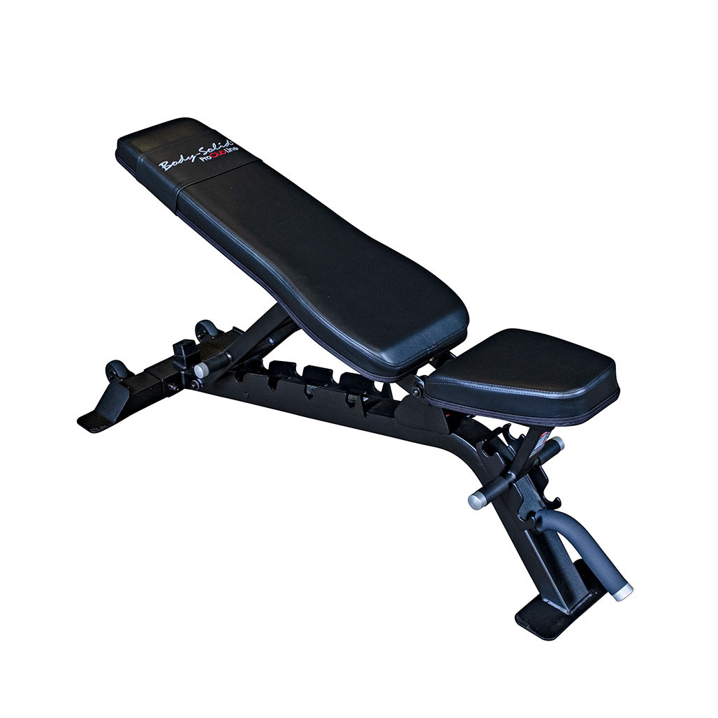 Body-Solid Pro Clubline SFID325B black adjustable flat incline decline bench, angled view