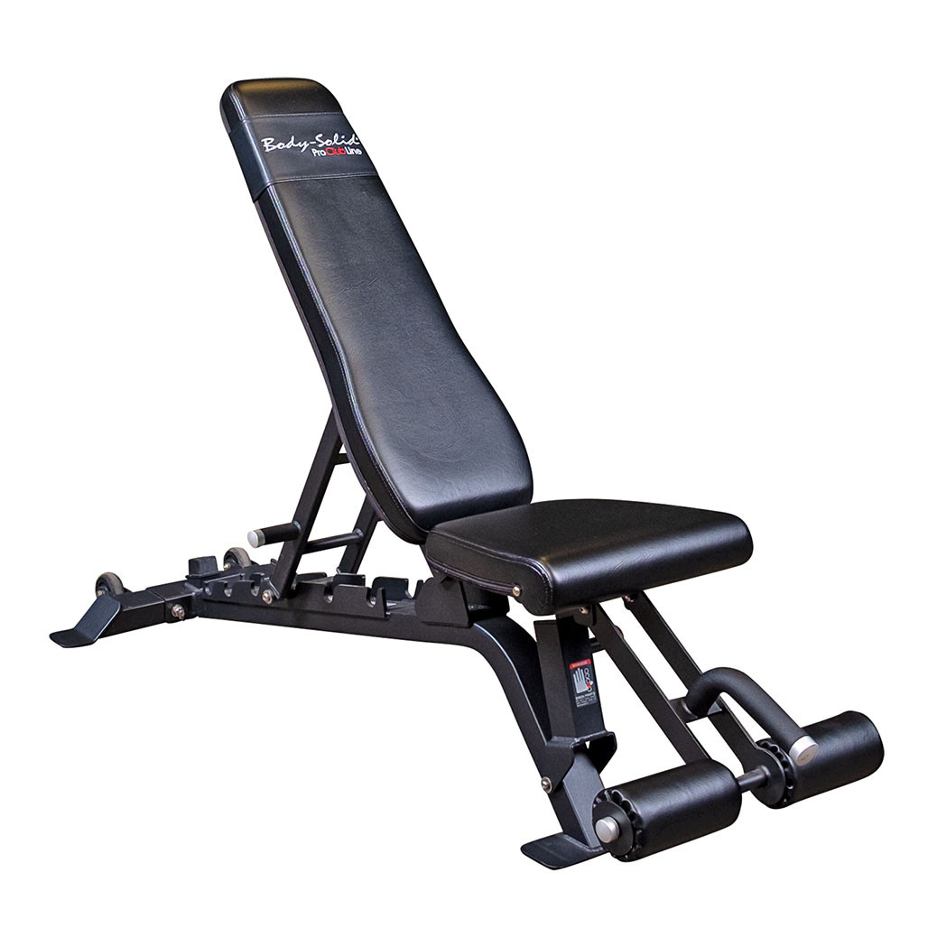 Body-Solid Pro Clubline SFID425 flat incline decline adjustable bench with leg hold-down, angled view