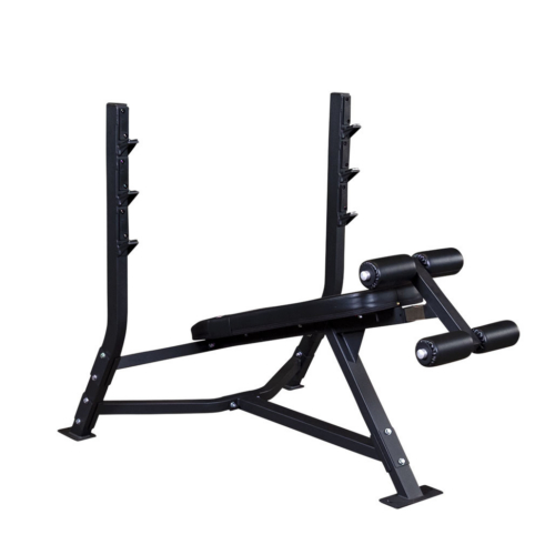 Body-Solid Pro Clubline SODB250 Olympic decline bench with uprights and leg hold-down, angled view