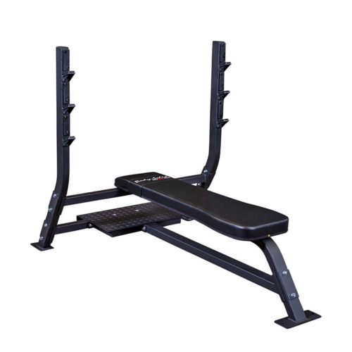 Body-Solid Pro Clubline SOFB250 Olympic flat bench with spotter platform and uprights, angled view