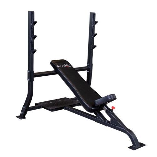 Body-Solid Pro Clubline SOIB250 Olympic incline bench with 30 degree backrest and spotter platform, angled view
