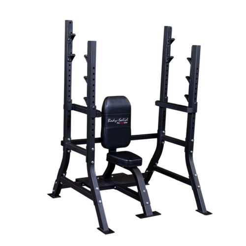 Body-Solid Pro Clubline SOSB250 Olympic shoulder press bench with vertical back pad and dual uprights, angled view