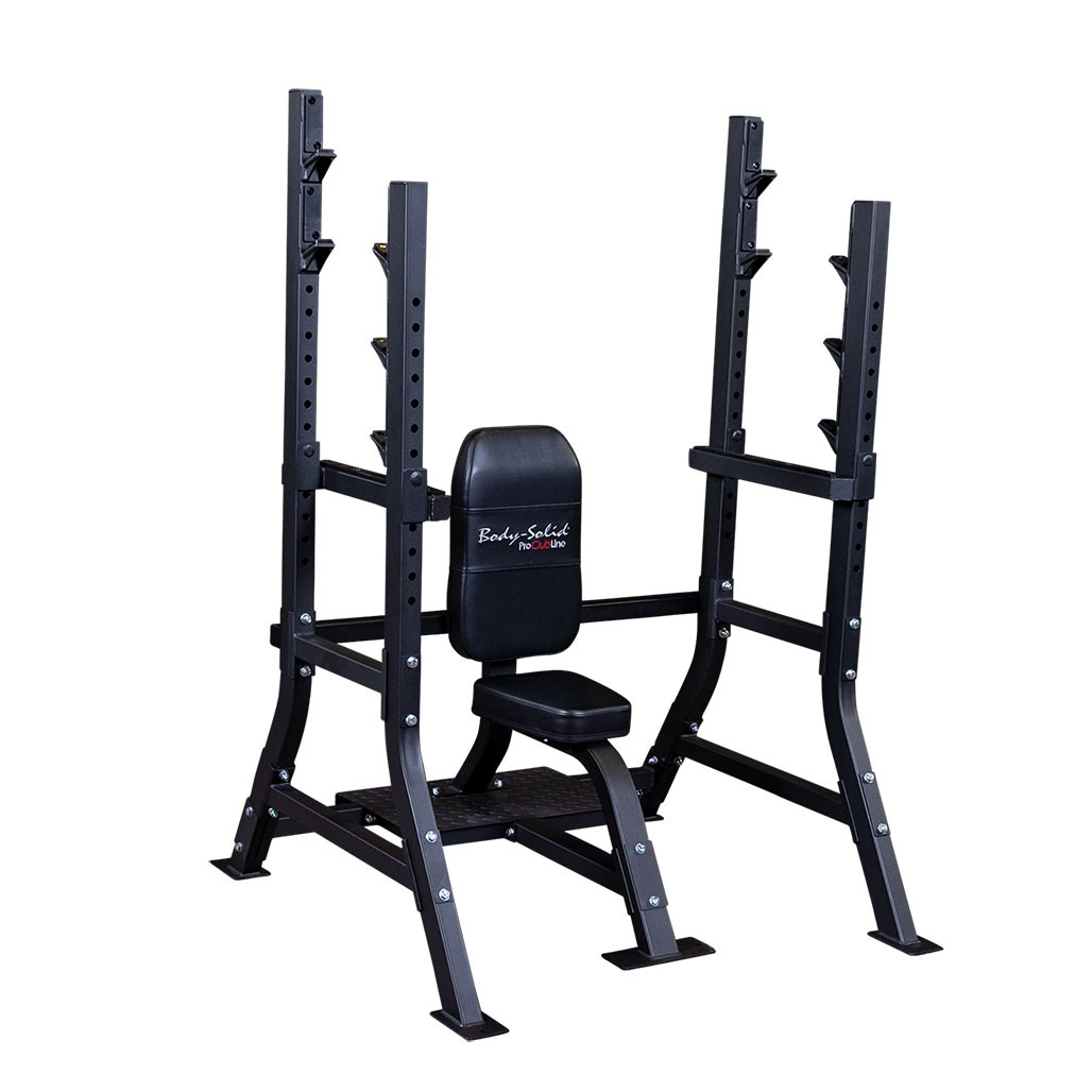 Body-Solid Pro Clubline SOSB250 Olympic shoulder press bench with vertical back pad and dual uprights, angled view