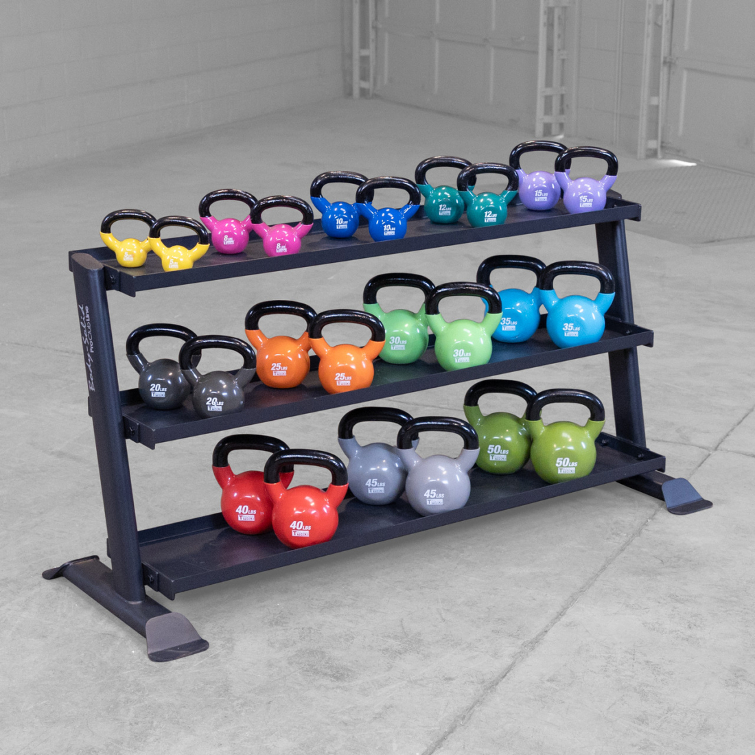 Body-Solid SRK200 kettlebell rack shown loaded with kettlebells (sold separately)