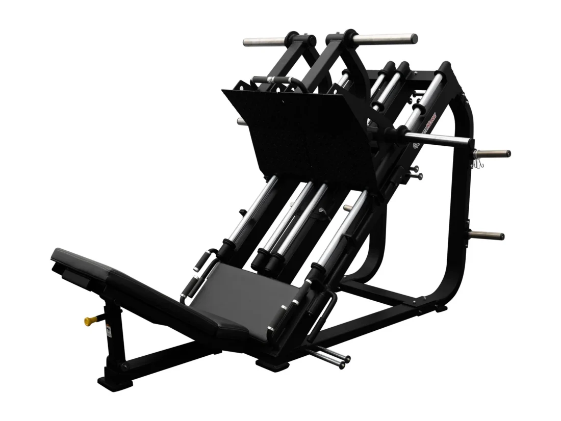 BodyKore FL1801 isolateral plate-loaded leg press, full machine view showing independent left and right movement arms and loading horns