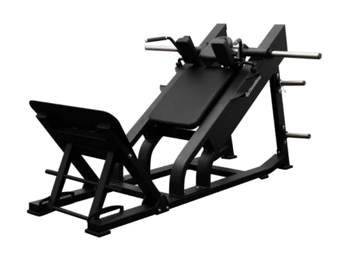 BodyKore FL1811 adjustable hack squat, full machine view showing the angled back pad, large foot platform and plate-loaded carriage