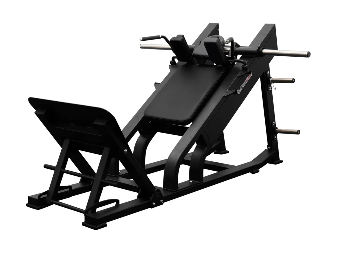 BodyKore FL1811 adjustable hack squat, full machine view showing the angled back pad, large foot platform and plate-loaded carriage