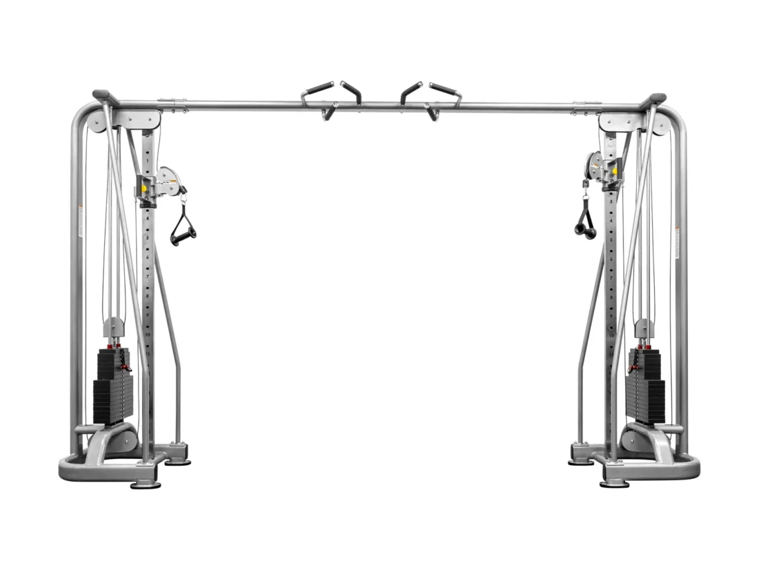 BodyKore G502 cable crossover angled view showing rolled-steel dual columns