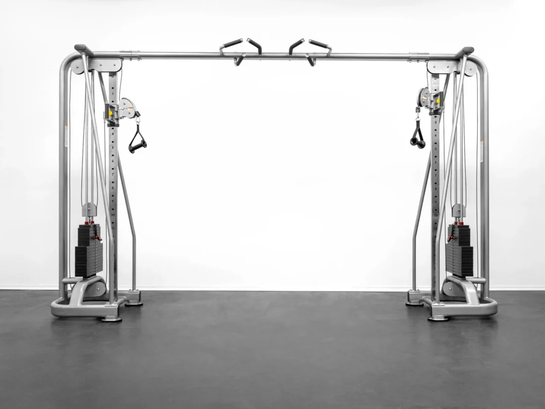 BodyKore G502 cable crossover side profile with selectorized weight stack