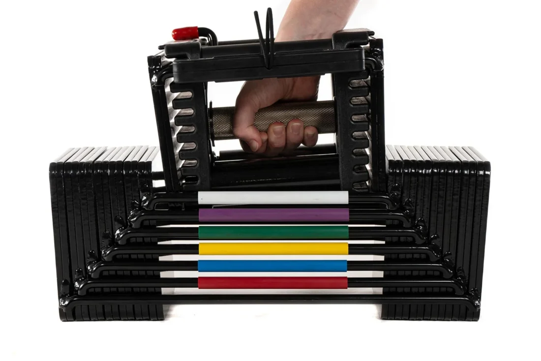 Knurled stainless steel grip handle on the PowerBlock Elite USA 90 dumbbell