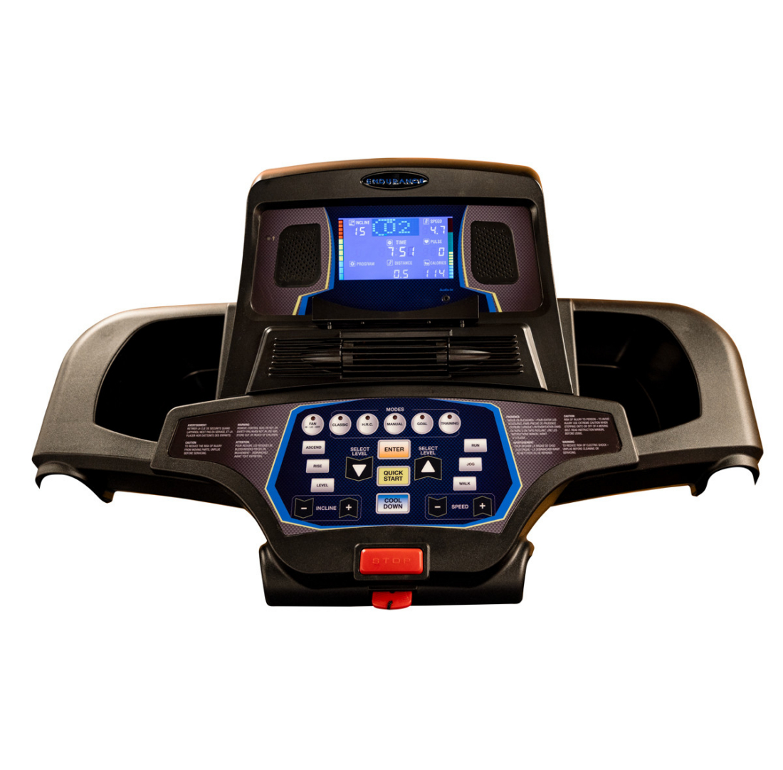 Endurance T150 treadmill backlit LED console showing incline, speed, time, pulse and calories