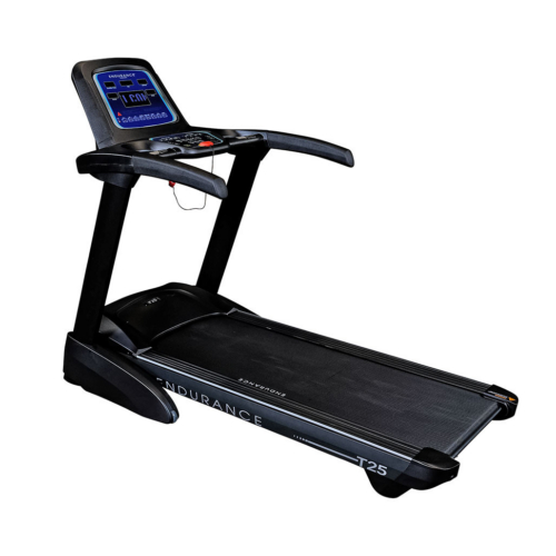 Endurance T25 folding treadmill with 2 HP motor and 20.5 x 57 inch belt, front angle view