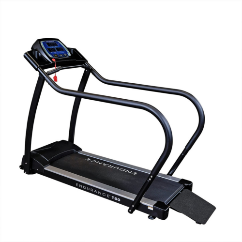 Endurance T50 walking treadmill with full-length handrails and rear entry ramp, front angle view