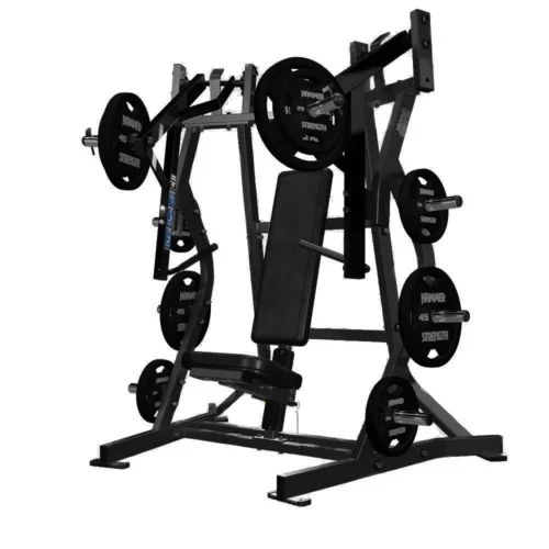 Hammer Strength Plate-Loaded Iso-Lateral Bench Press, an iso-lateral plate-loaded commercial strength machine