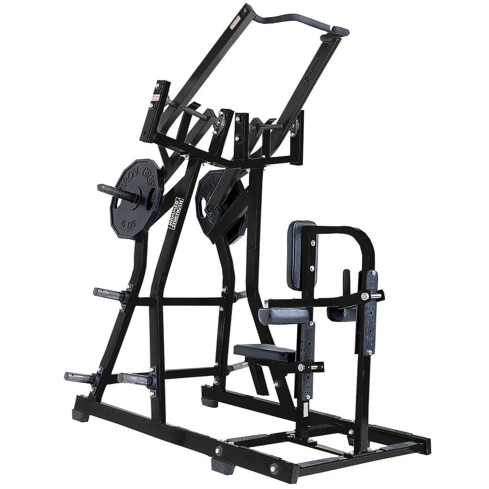 Hammer Strength Plate-Loaded Iso-Lateral Front Lat Pulldown, an iso-lateral plate-loaded commercial strength machine