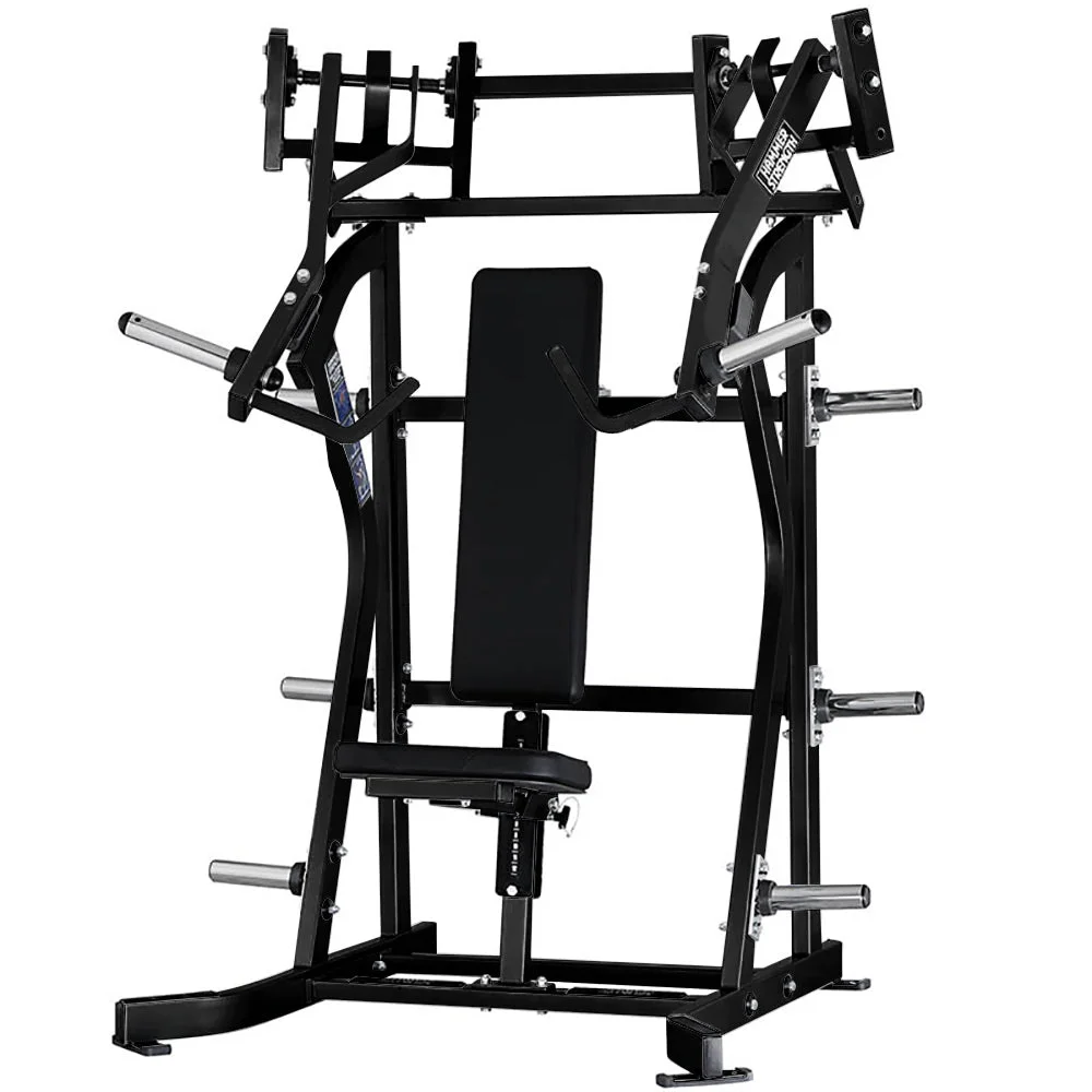 Hammer Strength Plate-Loaded Iso-Lateral Incline Press, an iso-lateral plate-loaded commercial strength machine
