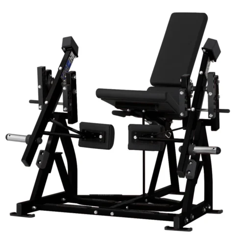 Hammer Strength Plate-Loaded Iso-Lateral Leg Extension, an iso-lateral plate-loaded commercial strength machine