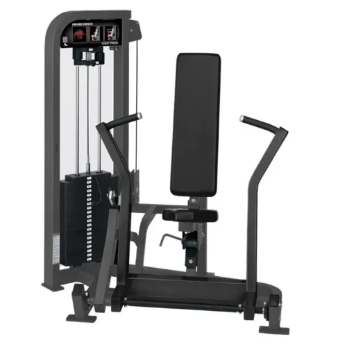 Hammer Strength Select Chest Press selectorized machine – official render, charcoal frame with black upholstery