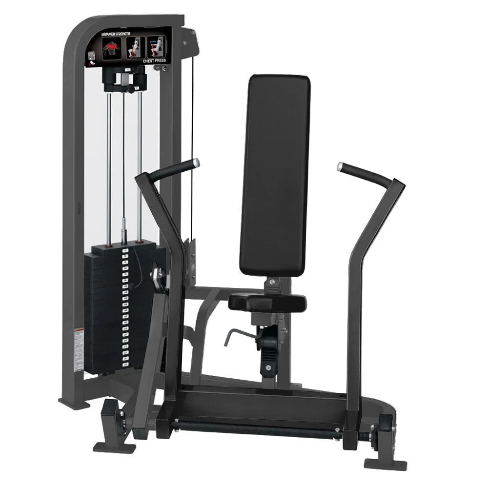 Hammer Strength Select Chest Press selectorized machine – official render, charcoal frame with black upholstery