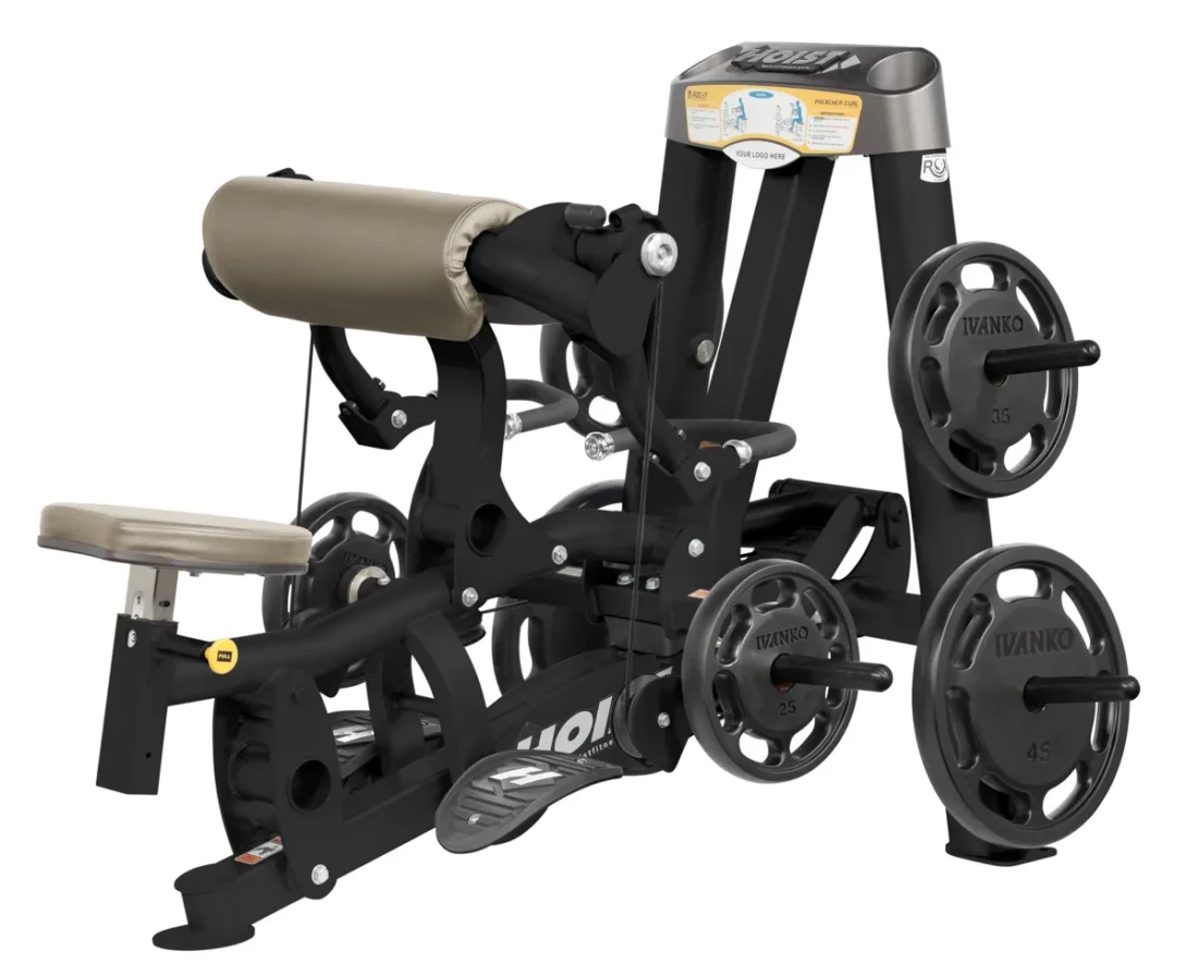 HOIST RPL-5102A Biceps Curl, a black plate-loaded ROC-IT strength machine with ROX dynamic seat