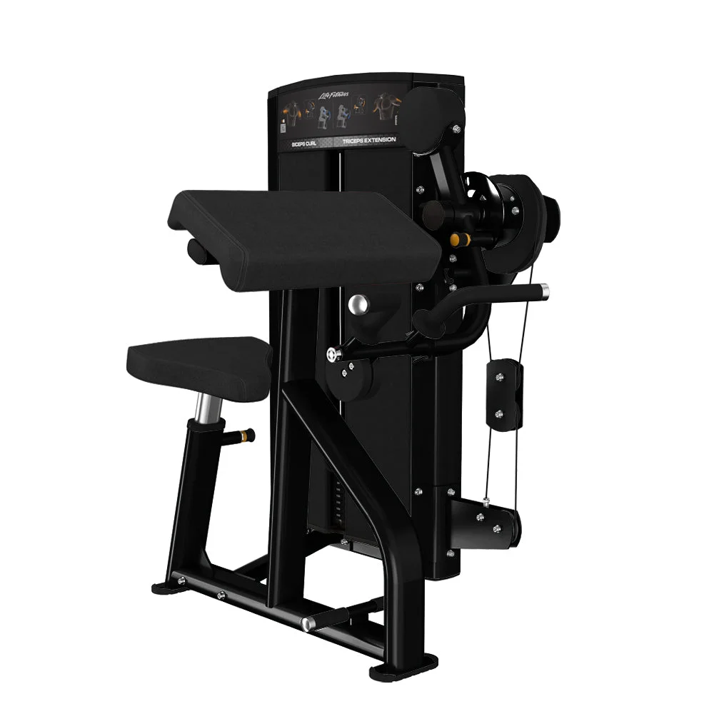 Life Fitness Axiom Series Biceps Curl / Triceps Extension commercial selectorized strength machine, front view
