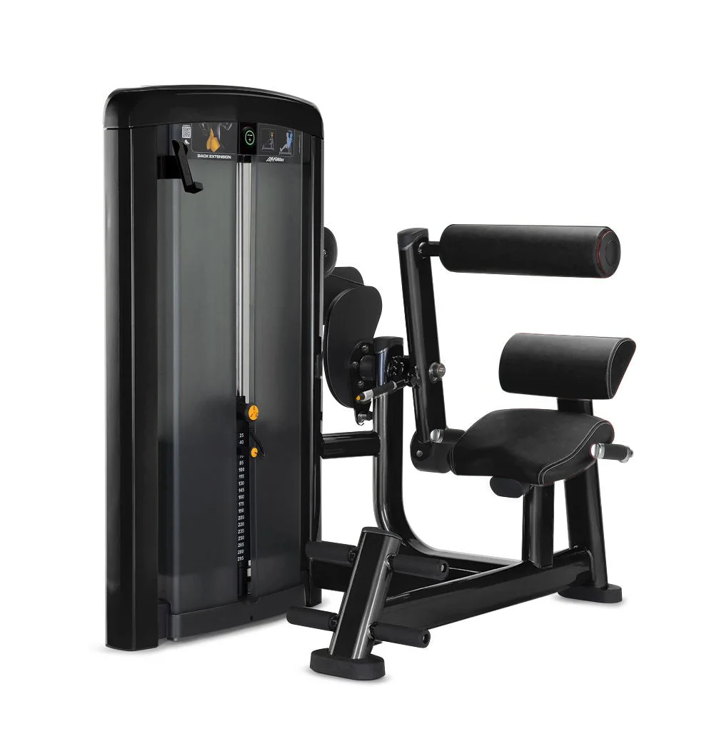 Life Fitness Insignia Series Back Extension selectorized strength machine, charcoal frame with black upholstery