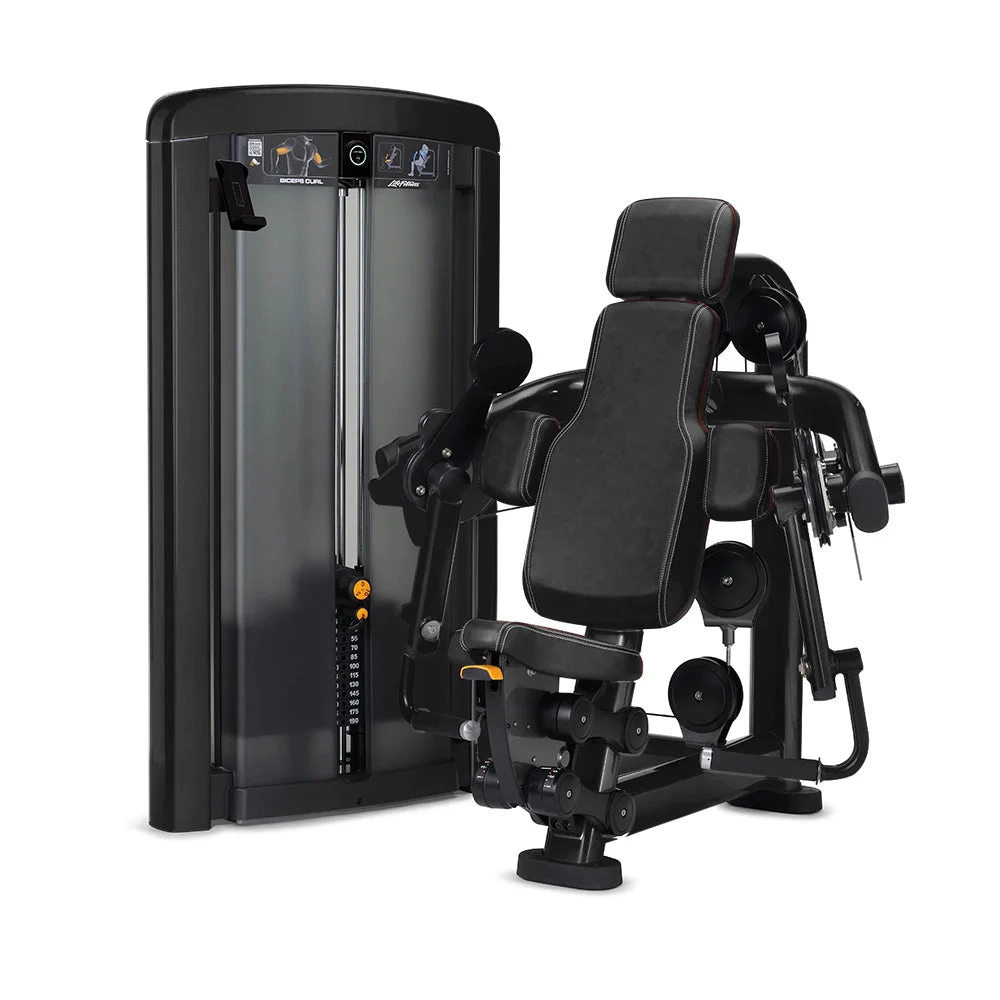 Life Fitness Insignia Series Biceps Curl selectorized strength machine, charcoal frame with black upholstery