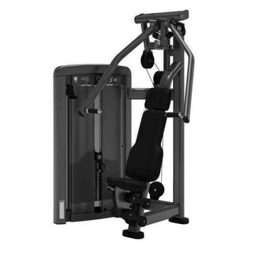 Life Fitness Insignia Series Dual Axis Chest Press selectorized strength machine, charcoal frame with black upholstery