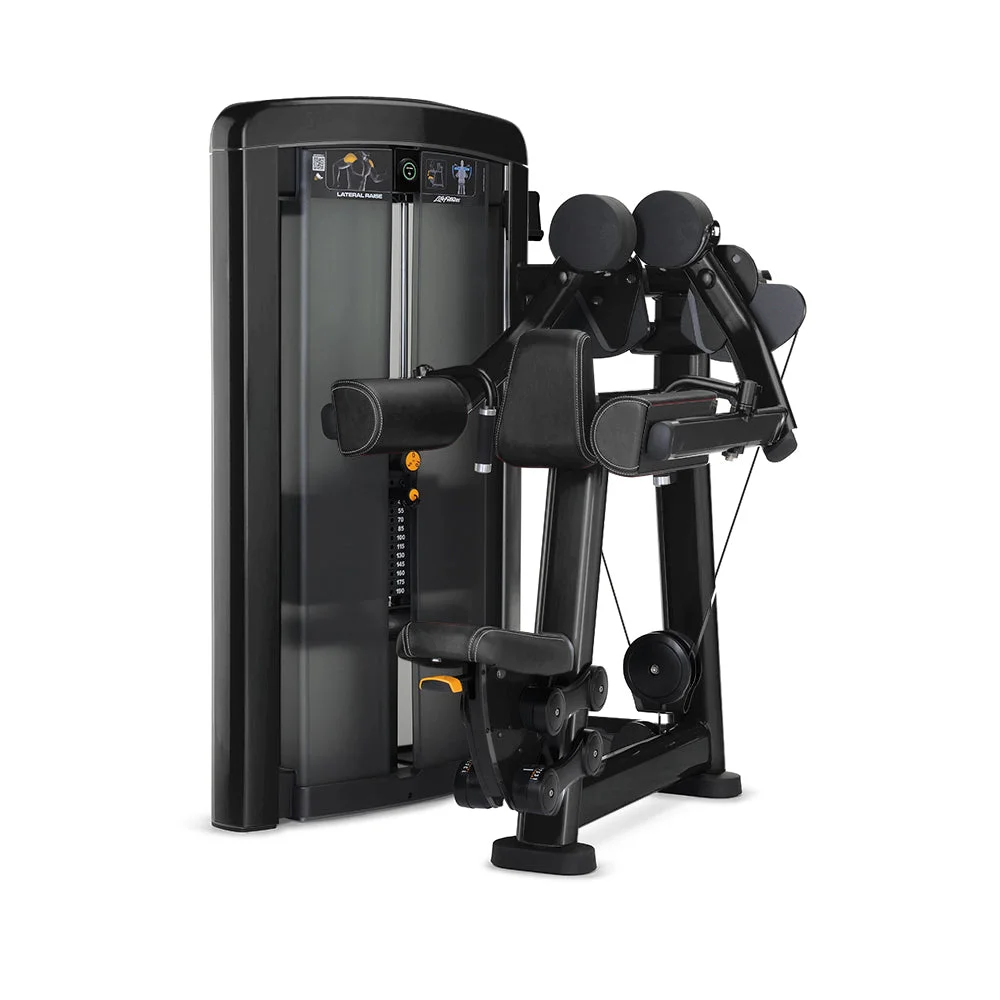 Life Fitness Insignia Series Lateral Raise selectorized strength machine, charcoal frame with black upholstery
